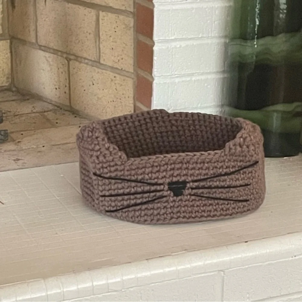 Handmade Small Cat Bed Taupe / Black Nose 10.75” x 4” Crocheted Pet Furbaby Gift